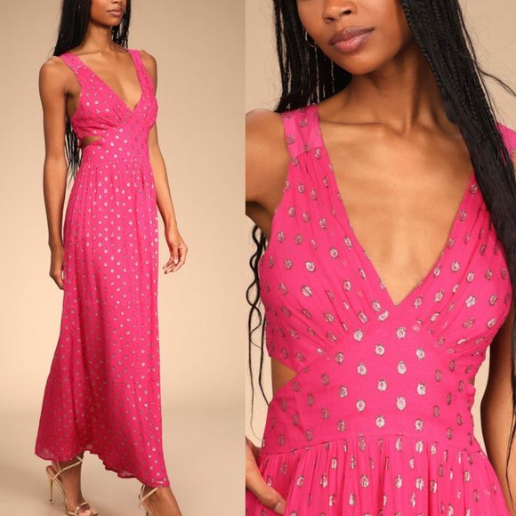NEW Lulus Magenta Pink Sleeveless Polka Dot Cutout Maxi Tiered Dress Size Medium - Picture 2 of 11